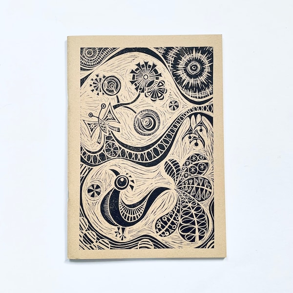 Hand printed A4 sketchbook / notebook, postable gift, A4 sketchbook / notebook, bird gift, hand printed gift, linocut print