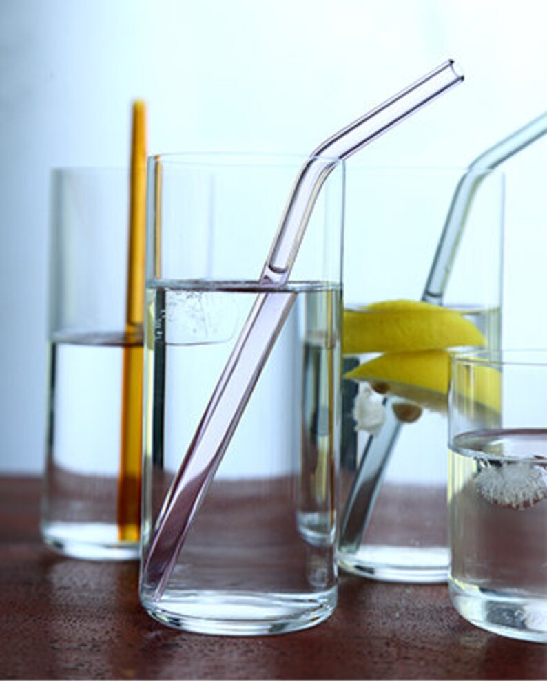 Pink Glass Straw Set 1 Bent & 1 Straight Pink Glass Straws