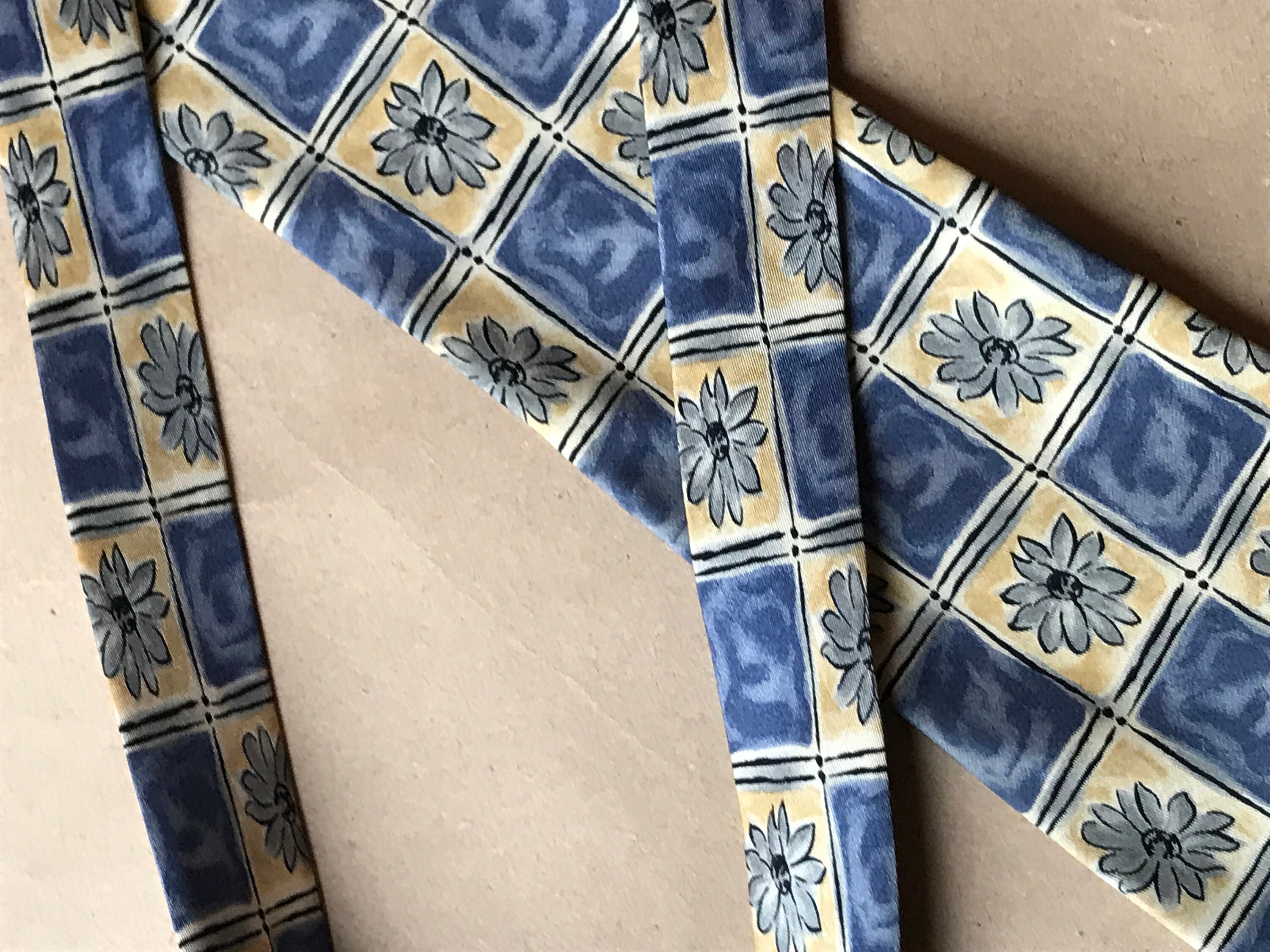 Vintage 90s tie silk fabric square floral print yellow blue Etsy