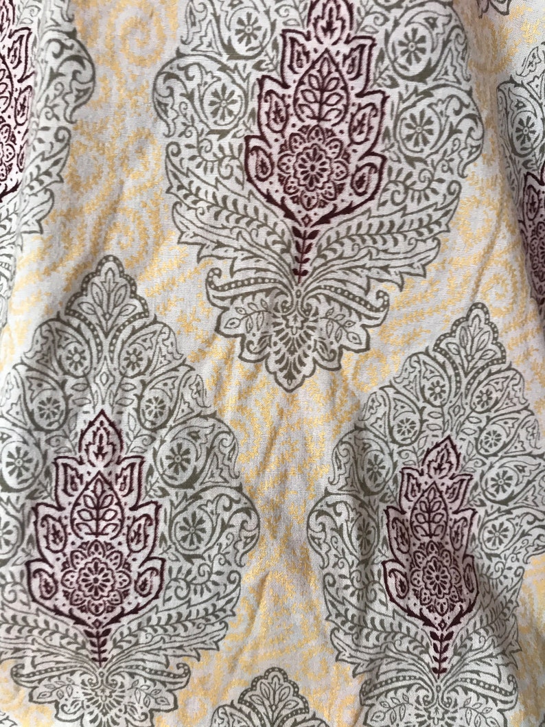 cotton fabric Indian vintage kaftan tunic burgundy white long sleeves size XL midi length floral ethnic print