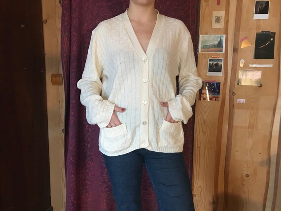 Ivory vintage 80s sweater, women's cardigan, long
