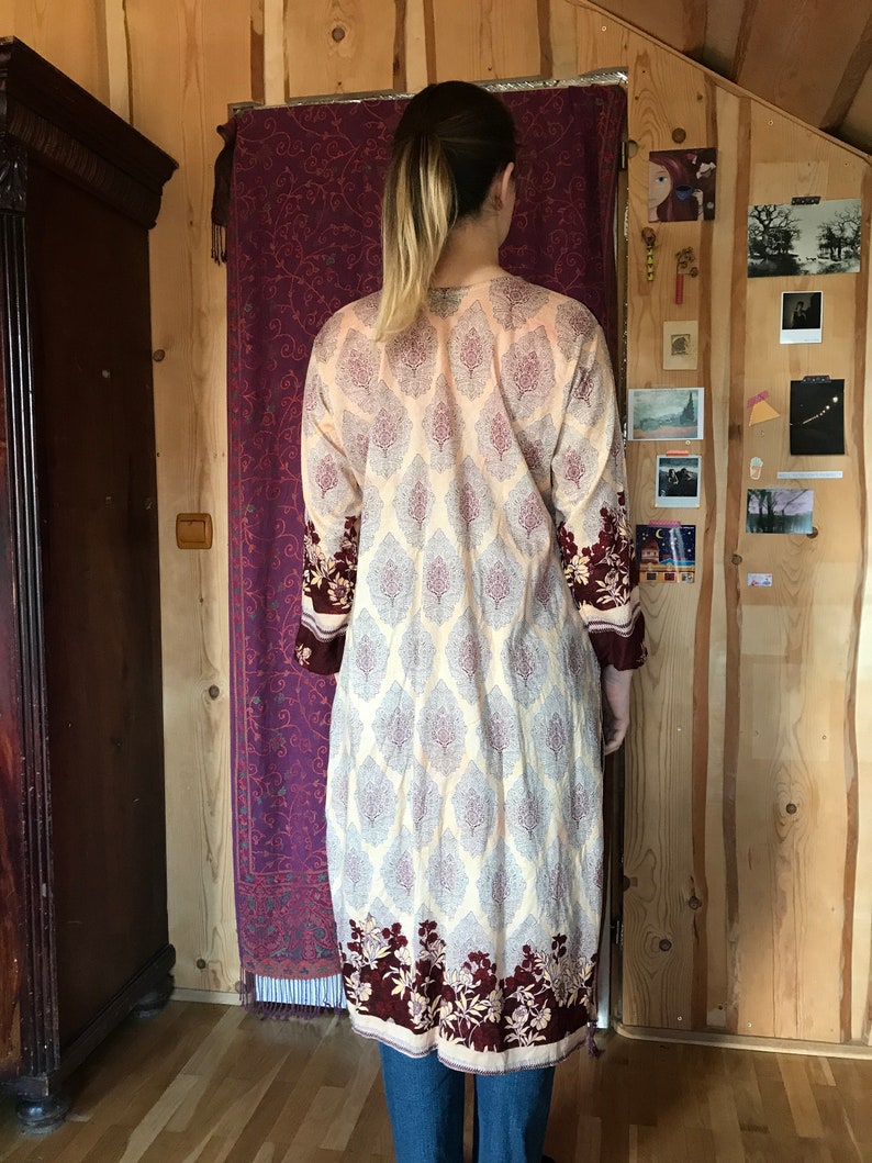 cotton fabric Indian vintage kaftan tunic burgundy white long sleeves size XL midi length floral ethnic print