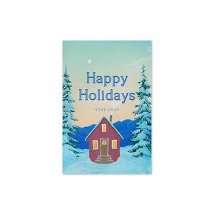 Cozy Cabin Holiday Card - Stampa originale di pittura a guazzo - Biglietto di auguri vuoto per festività, solstizio, Natale, Hanukkah, Capodanno