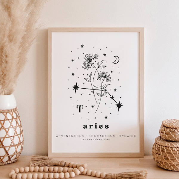 Aries Botanical Constellation Art Print | Aries Birth Month Flower Art Print | Aries Line Art Print | Aries Wall Art | Aries Gift
