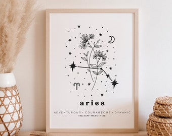 Aries Botanical Constellation Art Print | Aries Birth Month Flower Art Print | Aries Line Art Print | Aries Wall Art | Aries Gift