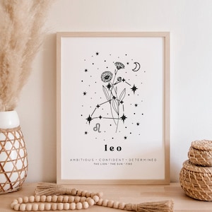 Leo Botanical Constellation Art Print | Leo Birth Month Flower Art Print | Leo Line Art Print | Leo Wall Art | Leo Gift | Leo Constellation