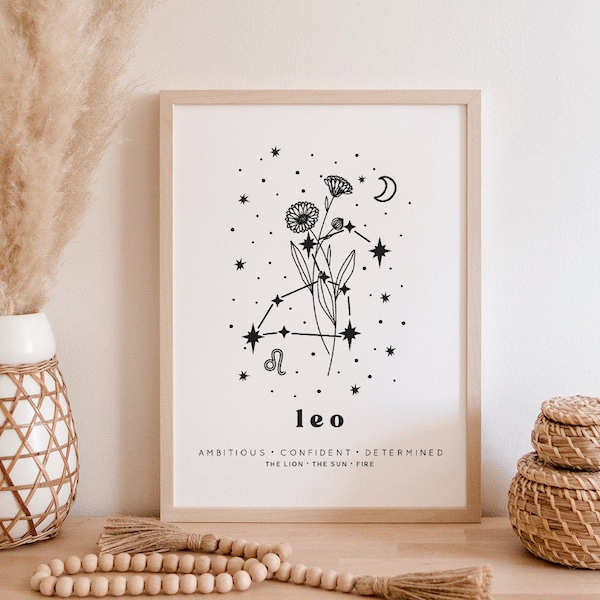 Leo Botanical Constellation Art Print | Leo Birth Month Flower Art Print | Leo Line Art Print | Leo Wall Art | Leo Gift | Leo Constellation