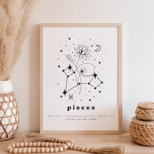 Pisces Botanical Constellation Art Print | Pisces Birth Month Flower Art Print | Pisces Line Art Print | Pisces Wall Art | Pisces Gift