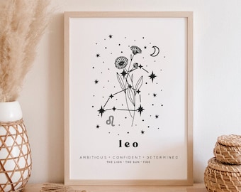 Leo Botanical Constellation Art Print | Leo Birth Month Flower Art Print | Leo Line Art Print | Leo Wall Art | Leo Gift | Leo Constellation