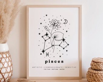 Pisces Botanical Constellation Art Print | Pisces Birth Month Flower Art Print | Pisces Line Art Print | Pisces Wall Art | Pisces Gift