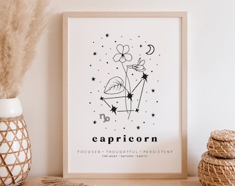 Capricorn Botanical Constellation Art Print | Capricorn Birth Month Flower Art Print | Capricorn Line Art Print | Capricorn Wall Art
