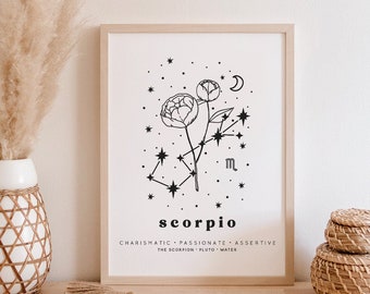 Scorpio Botanical Constellation Art Print | Scorpio Birth Month Flower Art Print | Scorpio Line Art Print | Scorpio Wall Art | Scorpio Gift