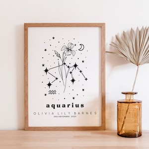 Personalized Botanical Zodiac Constellation Art Print | Personalized Zodiac Wall Art | Personalized Birth Month Flower Art Print