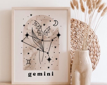 Gemini Botanical Constellation Art Print | Gemini Birth Month Flower Art Print | Gemini Line Art Print | Neutral Wall Art | Gemini Gift