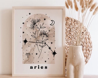 Aries Botanical Constellation Art Print | Aries Birth Month Flower Art Print | Aries Line Art Print | Neutral Wall Art | Aries Gift