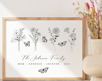 Custom Family Birth Flowers Art Print | Personalized Birth Month Flower Wall Art | Personalized Gifts For Mom | Mothers Day Gift | Mom Gift