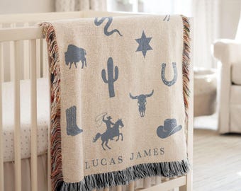 Personalized Blue Cowboy Nursery Blanket | Custom Western Baby Blanket | Woven Blanket | Customizable Monogram Blanket | New Baby Gift