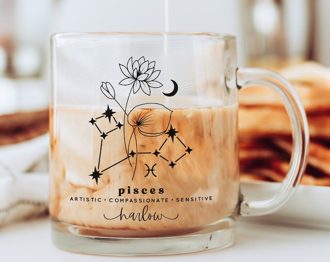 Personalized Pisces Birth Flower Mug | Pisces Zodiac Mug | Pisces Constellation Mug | Pisces Season | Pisces Birthday Gift