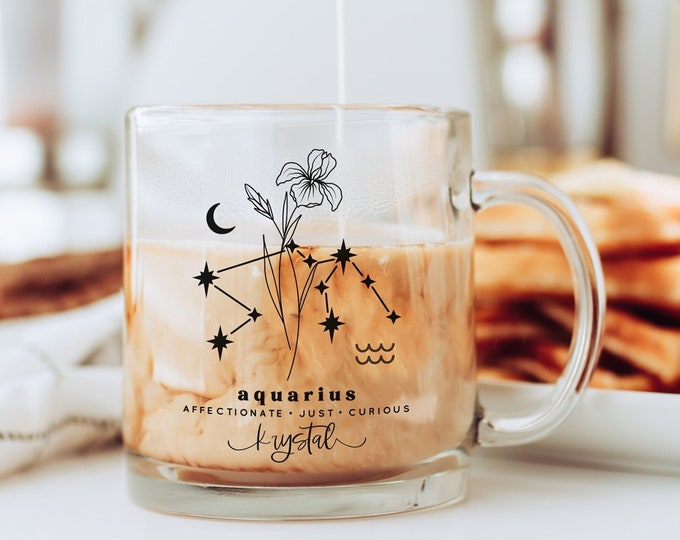 Personalized Aquarius Birth Flower Mug | Aquarius Zodiac Mug | Aquarius Constellation Mug | Aquarius Season | Aquarius Birthday Gift