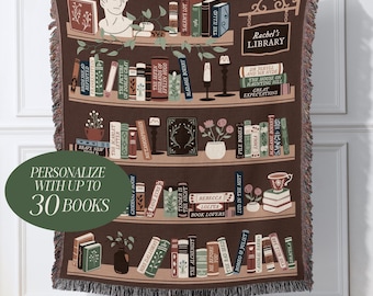 Personalized Bookshelf Woven Throw Blanket, Book Lover Gift, Gifts For Readers, Custom Reading Blanket, Bookish Tapestry Blanket, Book Nook