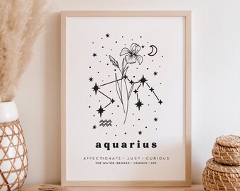 Aquarius Botanical Constellation Art Print | Aquarius Birth Month Flower Art Print | Aquarius Line Art Print | Aquarius Wall Art