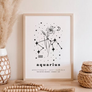 Aquarius Botanical Constellation Art Print | Aquarius Birth Month Flower Art Print | Aquarius Line Art Print | Aquarius Wall Art