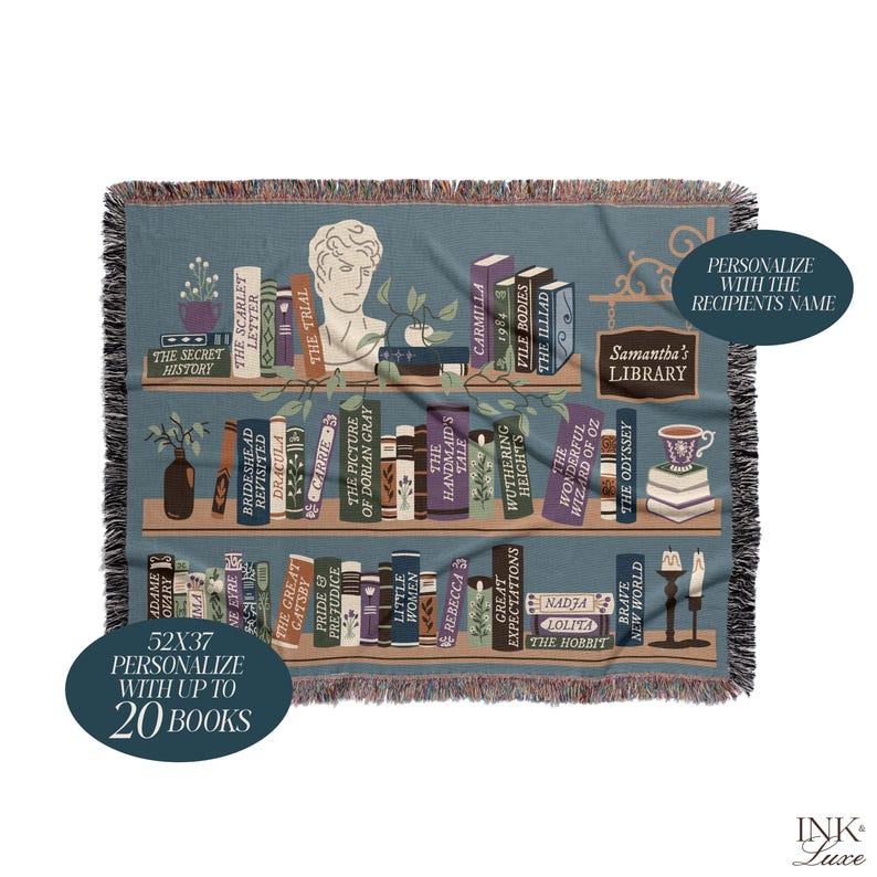 May include: A teal throw blanket with a bookshelf design featuring classic literature titles. The blanket measures 52x37 inches and includes text that reads "Samantha's Library". It is fringed on all sides and can be personalized.