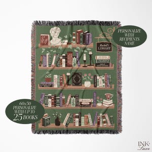 May include: A green woven throw blanket with a bookshelf design featuring a variety of books, plants, and candles. The text "Rachel's Library" is displayed on the top shelf. The blanket is 60x50 inches and can be personalized with up to 25 books.