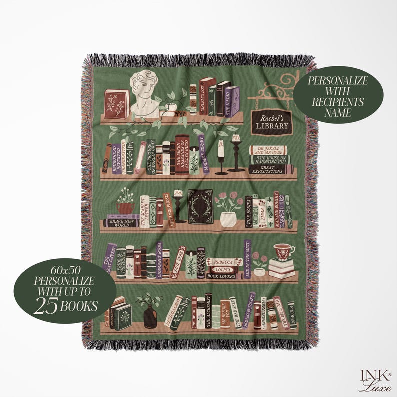 May include: A green woven throw blanket with a bookshelf design featuring a variety of books, plants, and candles. The text "Rachel's Library" is displayed on the top shelf. The blanket is 60x50 inches and can be personalized with up to 25 books.