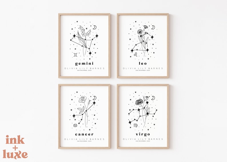 Personalized Botanical Zodiac Constellation Art Print Personalized Zodiac Wall Art Personalized Birth Month Flower Art Print image 3