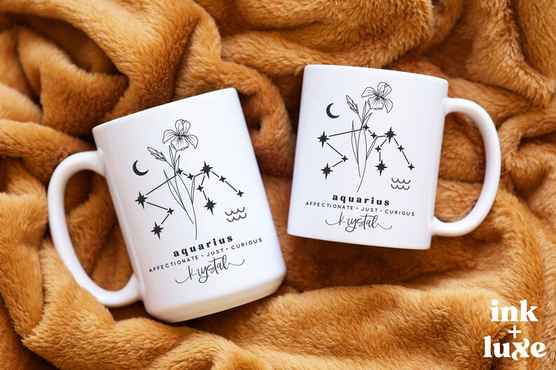 Aquarius Personalized Mug Aquarius Zodiac Mug Aquarius Constellation Mug Birth Flower Mug Aquarius Gift Aquarius Birthday afbeelding 3