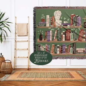 May include: A green woven throw blanket with a bookshelf design featuring a variety of books, a bust of a person, and a sign that reads "Samantha's Library". The blanket is 52 inches by 37 inches and can be personalized with up to 20 books.