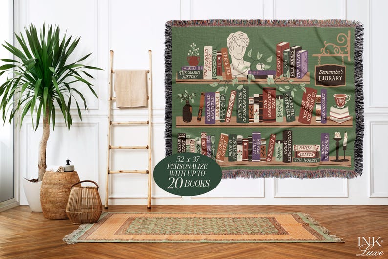 May include: A green woven throw blanket with a bookshelf design featuring a variety of books, a bust of a person, and a sign that reads "Samantha's Library". The blanket is 52 inches by 37 inches and can be personalized with up to 20 books.