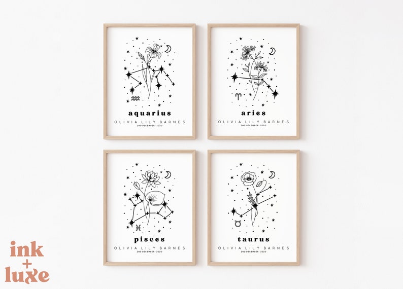 Personalized Botanical Zodiac Constellation Art Print Personalized Zodiac Wall Art Personalized Birth Month Flower Art Print image 2