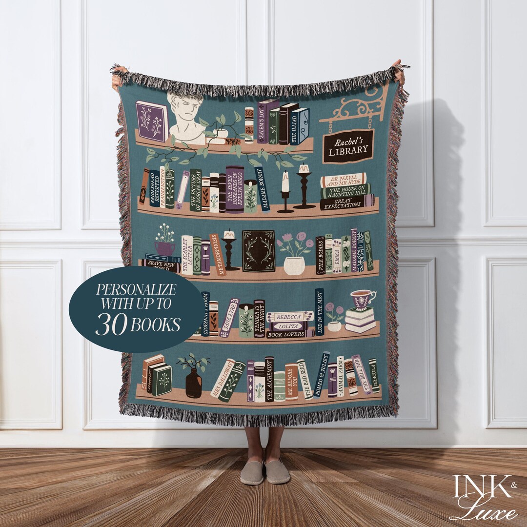 Personalized Bookshelf Woven Throw Blanket, Book Lover Gift, Gifts for ...