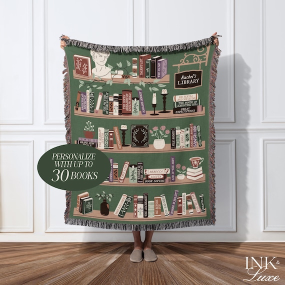 Personalized Bookshelf Woven Throw Blanket, Book Lover Gift, Gifts For Readers, Custom Reading Blanket, Bookish Tapestry Blanket, Book Nook