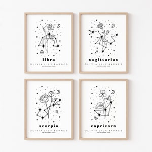 Personalized Botanical Zodiac Constellation Art Print Personalized Zodiac Wall Art Personalized Birth Month Flower Art Print image 4