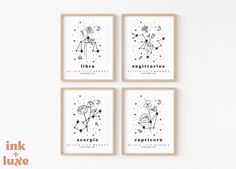 Personalized Botanical Zodiac Constellation Art Print Personalized Zodiac Wall Art Personalized Birth Month Flower Art Print image 4