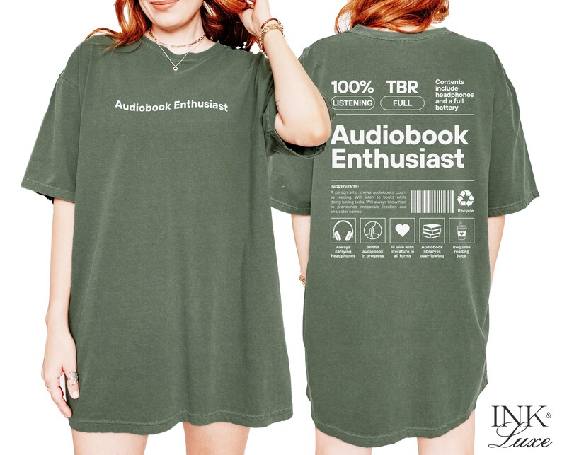 May include: A green t-shirt with the text "Audiobook Enthusiast" printed on the front. The back of the shirt has the text "100% TBR Audiobook Enthusiast" with a list of icons and text describing the contents of the audiobook.