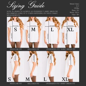 May include: Sizing guide for t-shirts with measurements in inches for sizes S, M, L, and XL. The guide shows the length and width of each size, as well as the fit of the shirt. The guide also includes model stats for height, weight, bust, waist, and hips.