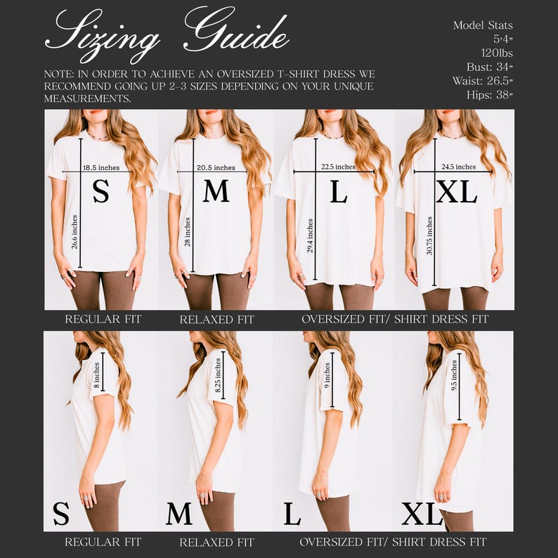 May include: Sizing guide for t-shirts with measurements in inches for sizes S, M, L, and XL. The guide shows the length and width of each size, as well as the fit of the shirt. The guide also includes model stats for height, weight, bust, waist, and hips.