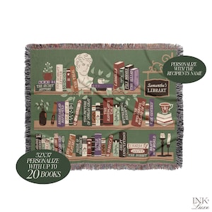 May include: A green woven throw blanket with a bookshelf design featuring a variety of book titles. The blanket is personalized with the text "Samantha's Library" and has the option to personalize with up to 20 books.