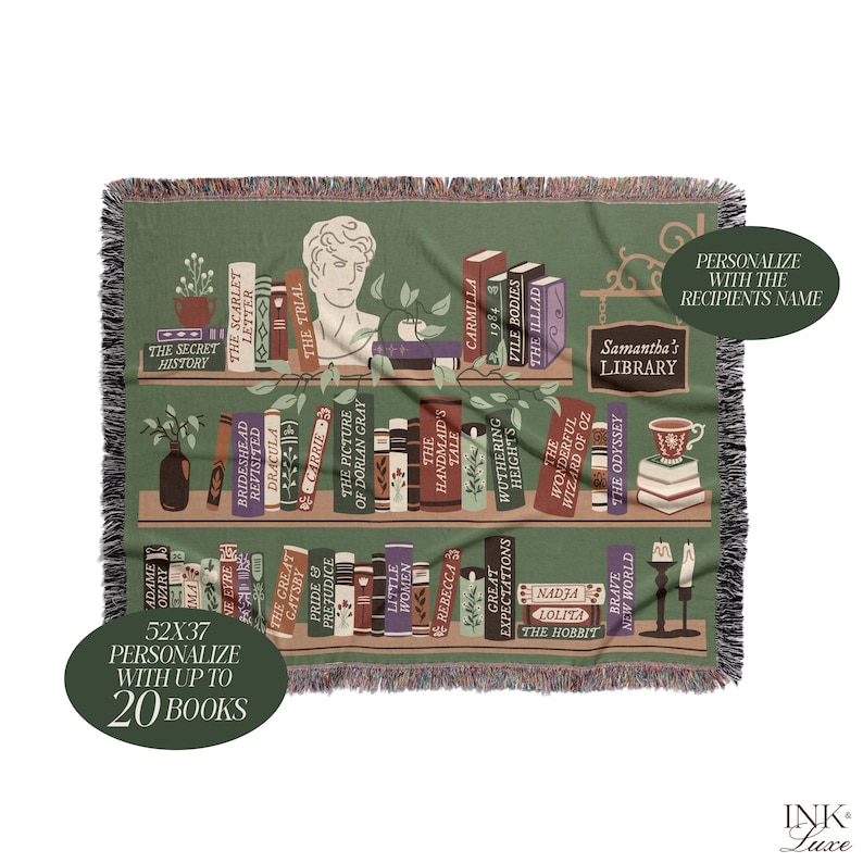 May include: A green woven throw blanket with a bookshelf design featuring a variety of book titles. The blanket is personalized with the text "Samantha's Library" and has the option to personalize with up to 20 books.