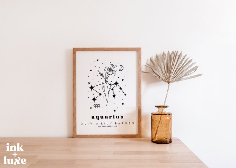 Personalized Botanical Zodiac Constellation Art Print Personalized Zodiac Wall Art Personalized Birth Month Flower Art Print image 1