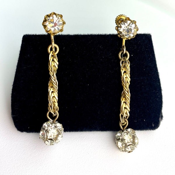 Vintage Miriam Haskell clear rhinestones dangle chain clip on earrings back screw