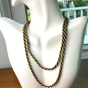 Vintage necklace signed Trifari Crown rope black & gold tone 29" long retro jewelry