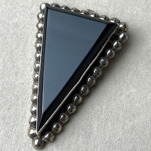 Vintage large Black onyx & sterling pendant- Mexico sterling silver, black stone triangular pendant- Vintage jewelry- Gift for her