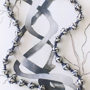Vintage porcelain necklace blue white Chinese bead basket weave endless knot.