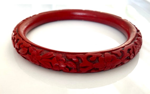 Vintage cinnabar bangle bracelet carved red flora… - image 2