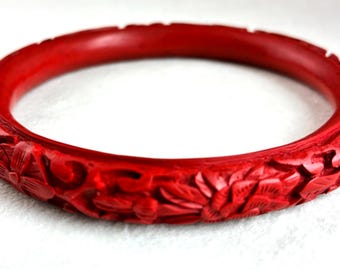 Carved Cinnabar Bangle | Red Lacquer Bracelet | Floral Chinese Bangle | Vintage Asian Jewelry | Carved Peony Lotus Bracelet